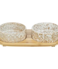 Trixie Hundeskål Keramikk M/Stativ i Bambus 2x0,3L Ø12cm Hvit/Brun/Lys-Brun