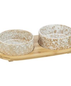 Trixie Hundeskål Keramikk M/Stativ i Bambus 2x0,8L Ø16cm Hvit/Brun/Lys-Brun